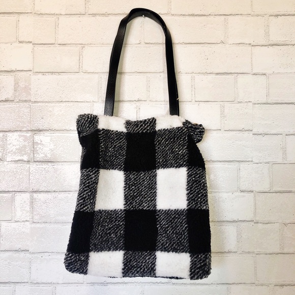 White Buffalo Plaid Sherpa Shoulder Bag Purse - Picture 2 of 5